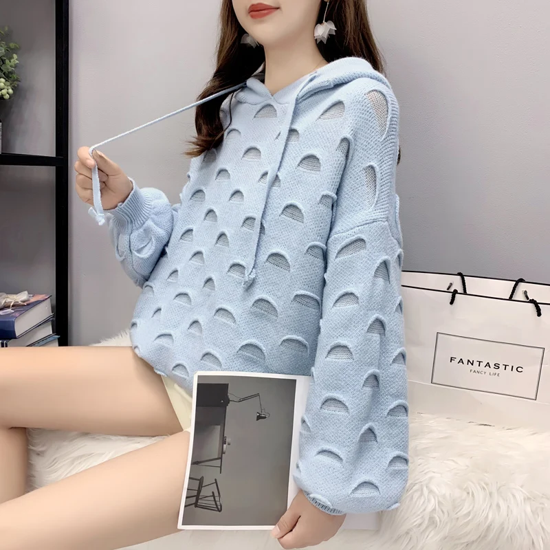 

H.SA 2019 Women Winter Fashion Clothes Hooded Pullover and Sweaters Lantern Sleeve Casual Pull Jumpers Broken Hole Loose Sweater
