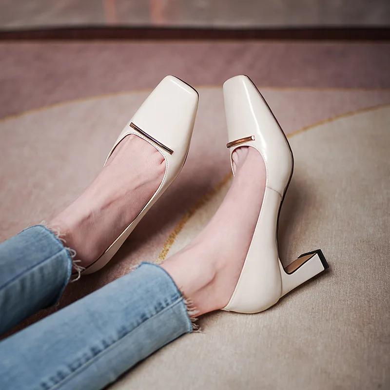 

Pumps Fashion Square Heels High Quality Genuine Leather Square Head Pumps Mature Hot Sale Elegant Women's Shoes 2021 Spring
