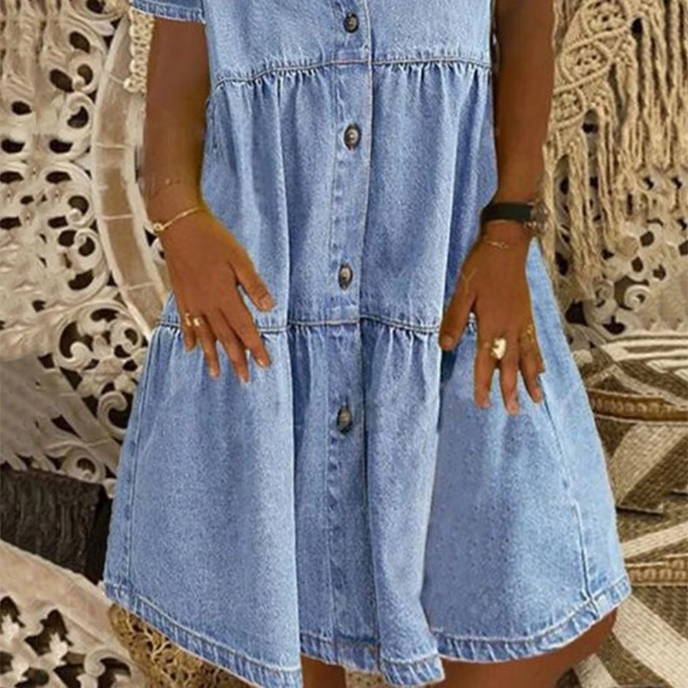 

Women Short Sleeve Collar Pockets Single-breasted A Line Denim Dress