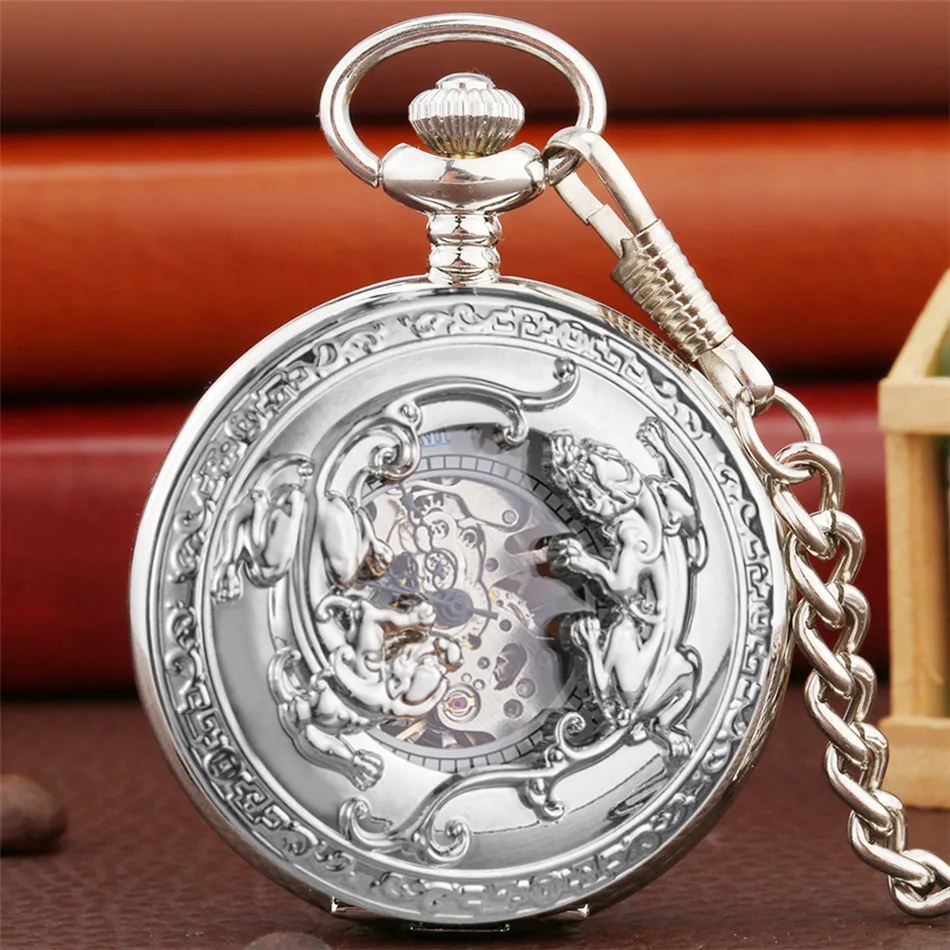 

Exquisite Blue Roman Numerals Dial Mechanical Pocket Watch Retro Brave Troops Hollow Cover Manual Mechanism Silver Pocket Clock