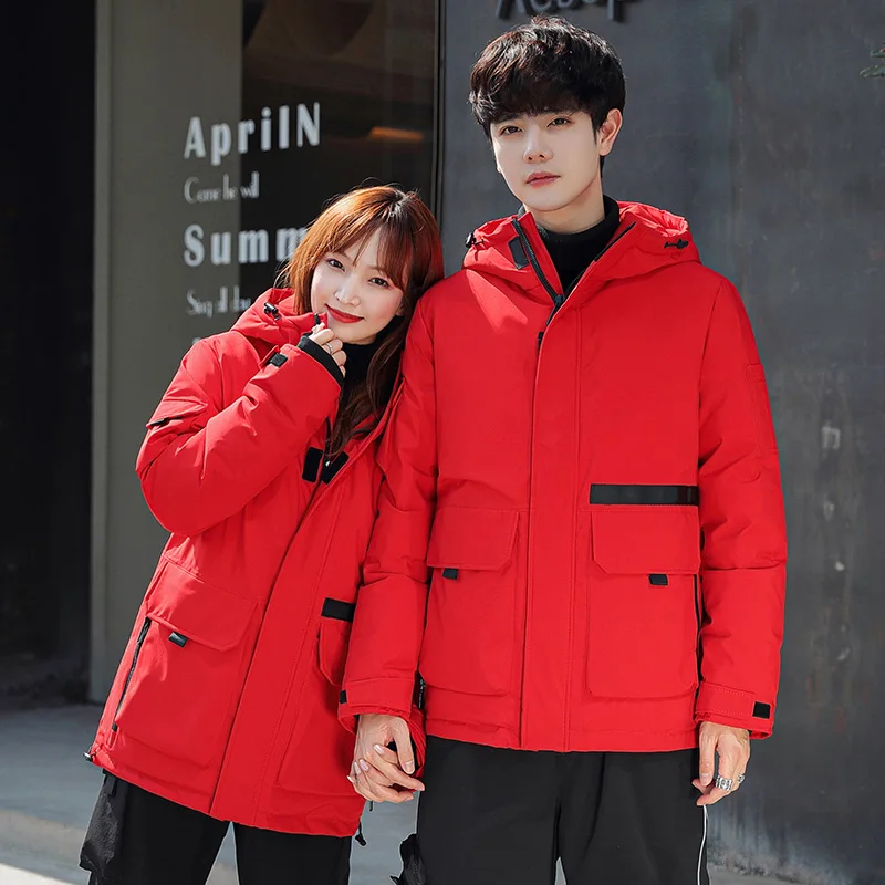Couple  winter jacket 90% white duck down coat hooded down jacket glossy color clothing thick warm men and women loose coat