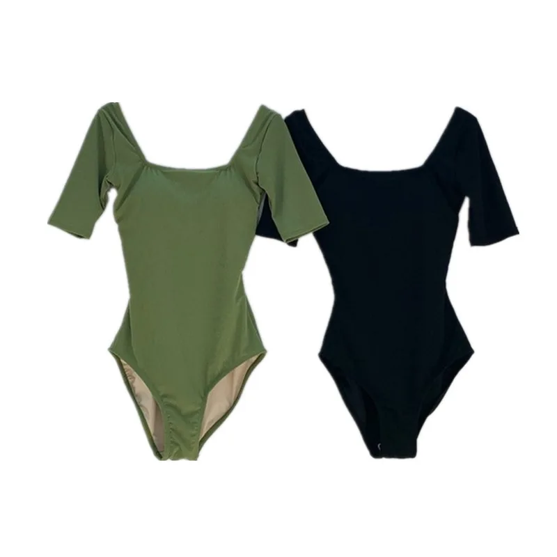 

2021 Korean Solid Color Sexy Open Back Cover Belly Slimming Sleeves Conservative One-piece Swimsuit