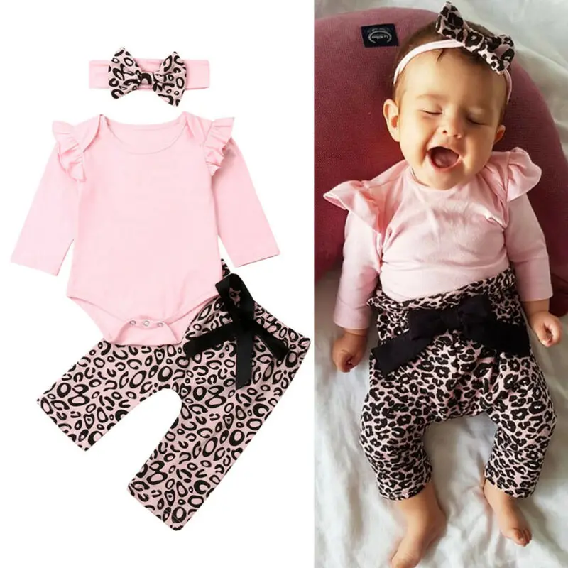 Одежда для маленьких девочек топы с длинным рукавом + брюки бантом и леопардовым