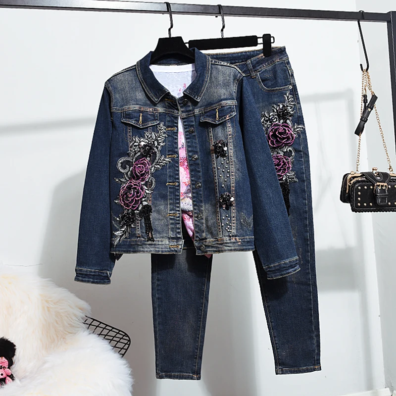 

Handwork Beading Embroidery Flowers Jeans 2pc Women Denim Jacket Coat Long Pencil Pants 2 Piece Set Female Navy blue Jeans Suit