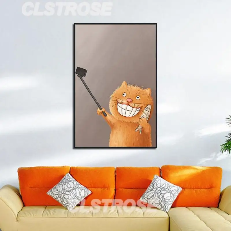 

Cartoon Animal Poster Cute Selfie Orange Cat Canvas Painting Home Decoration Bedroom and Living Room Frameless Style