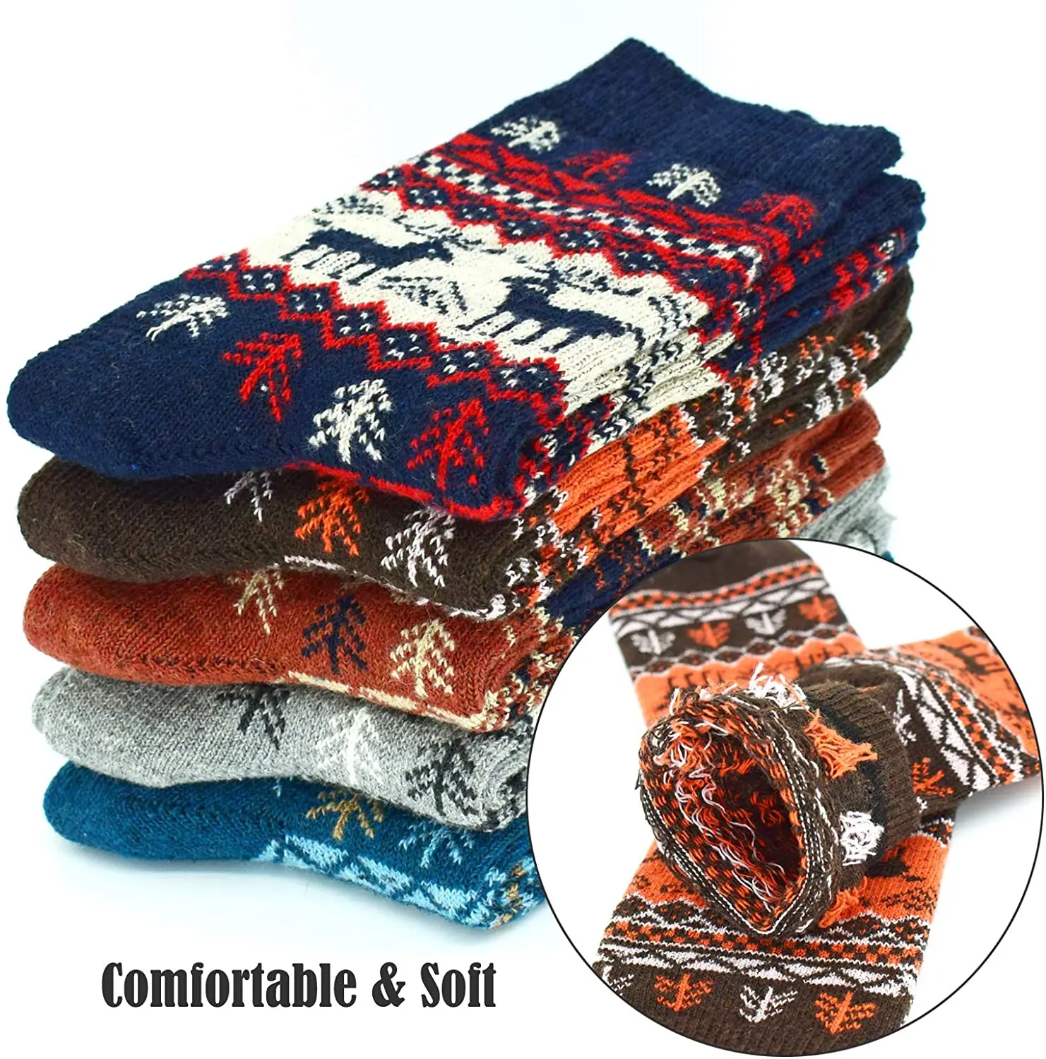 Womens Wool Socks Winter Warm Thick Hiking Boot Thermal Cozy Crew Elk Pattern Soft Socks for Cold Weather 5 Pairs