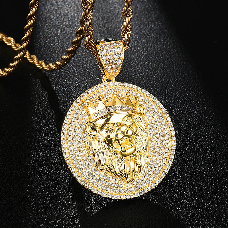 D & Z Iced Out Bling кубический циркон голова льва круглые ожерелья подвески для мужчин