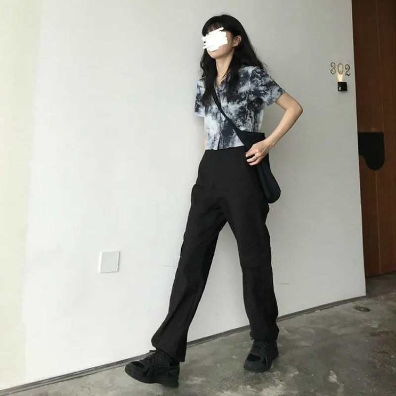 Short Sleeve T-shirts Women Tie Dye Vintage Crop Tops Korean Style Design Single Breasted Streetwear Casual Trendy Hip Hop New | Женская