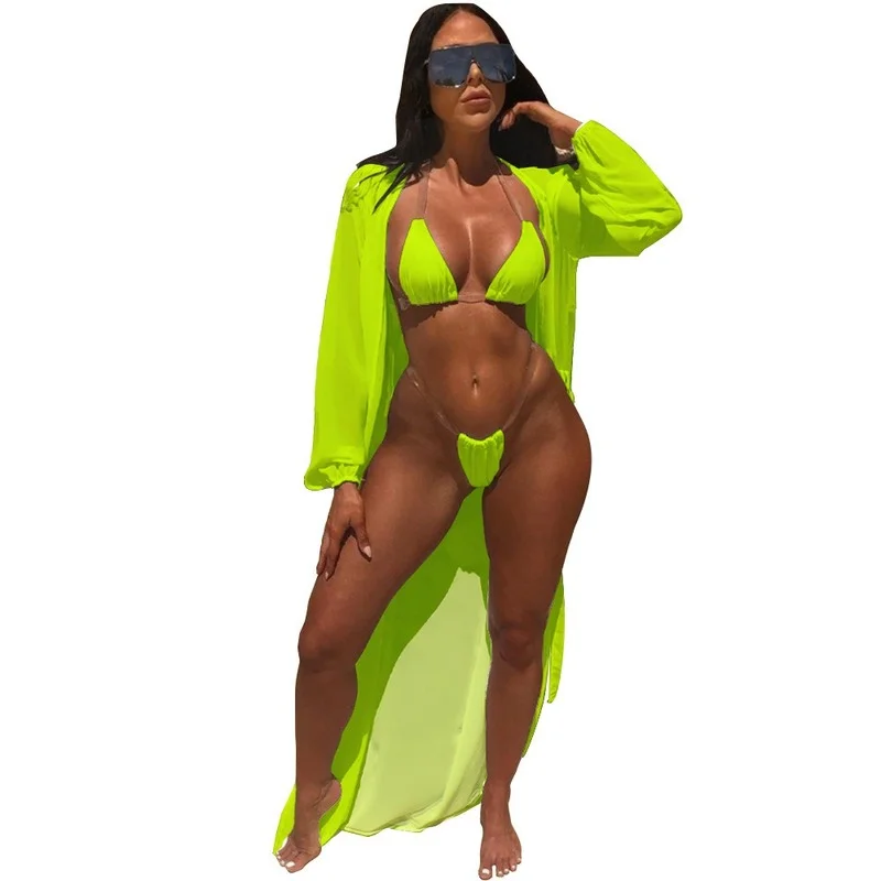 

3 Piece Set Bikini Women 2021 Summer Transparent Sexy Swimwear And Long Chiffon Cover Up Bohemia Beach Suit Neon Wholesale Items