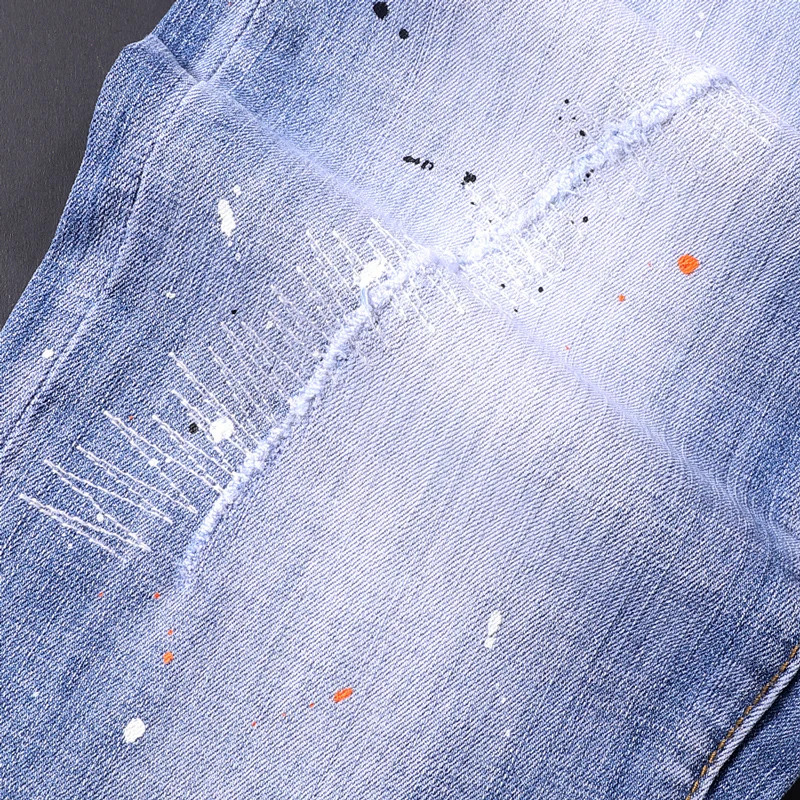 High Street Fashion Men Jeans Retro Light Blue Distressed Elastic Slim Fit Ripped Jeans Men Painted Designer Hip Hop Denim Pants