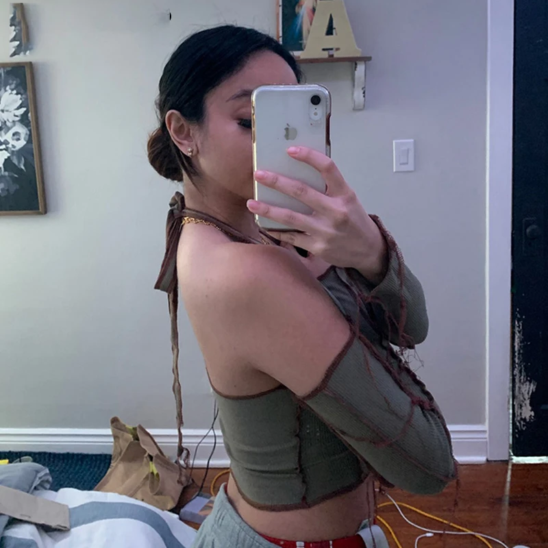 

Ribbed Patchwork Ladies Front Top Fashion Lace-up Sexy Sexy Hollow Crop Top Club Faux Neck Bodycon Tee