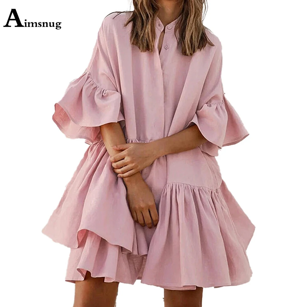 

2021 Summer Ladies Elegant Flare Sleeve Ruffle Dress Single Breasted Chiffon Dresses Plus size 3XL Women Casual Short Mini Dress