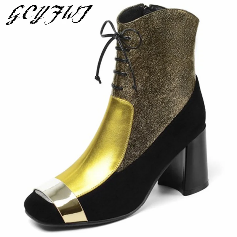 

Retro Women's Mid Calf Boots Lace-Up Square Toe Warmest High Heel Shoes Crude Heel Mixed Colors Wedding Mature Zapatillas Mujer