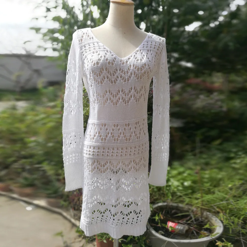 

New 2021 summer long sleeve sexy v neck cotton knee-length dress Women's knitted geometric figure hollow out beach dress