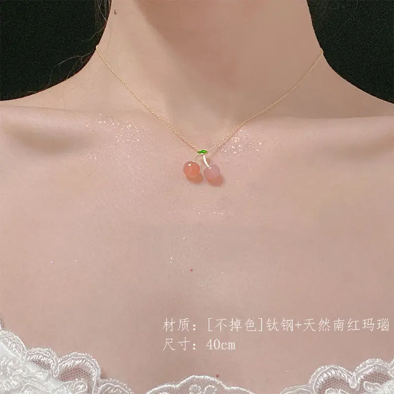 

2021 New Titanium Steel Cute Pink Agate Cherry Necklace Pendant Korea Fashion Pink Cherry Necklace for Woman Jewelry Wholesale