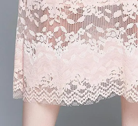 

Women 2020 New French Elegant Hollow Out Pink Lace Dress Casual V-neck Short Sleeve Midi Party Dresses