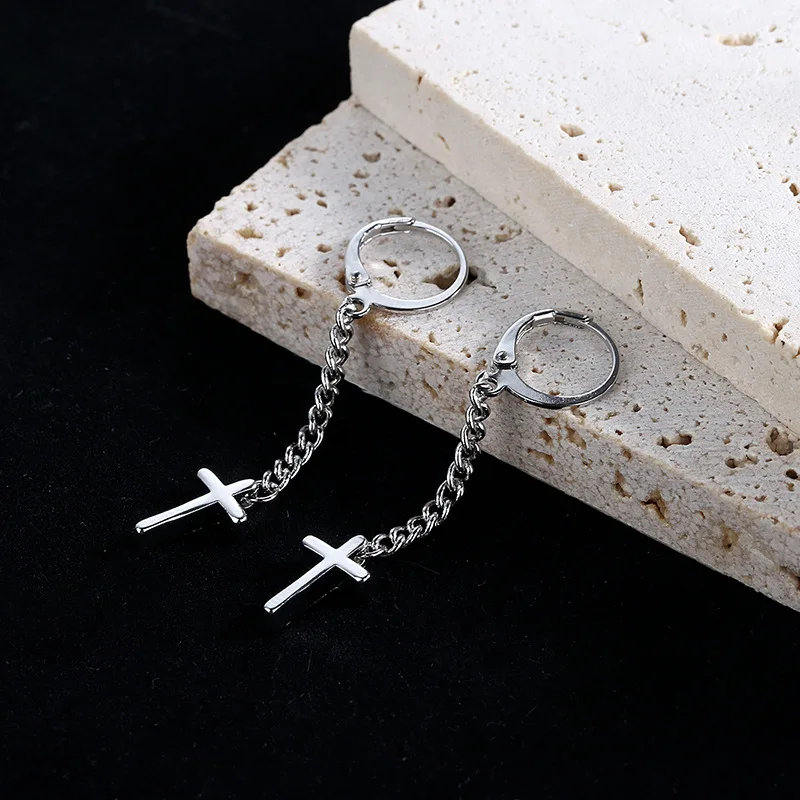 

Trendy Jewelry 1 PC Cross Chain Dangle Earrings Popular Hip Hop Metal Alloy Silvery Plating Drop Earrings For Women Gifts