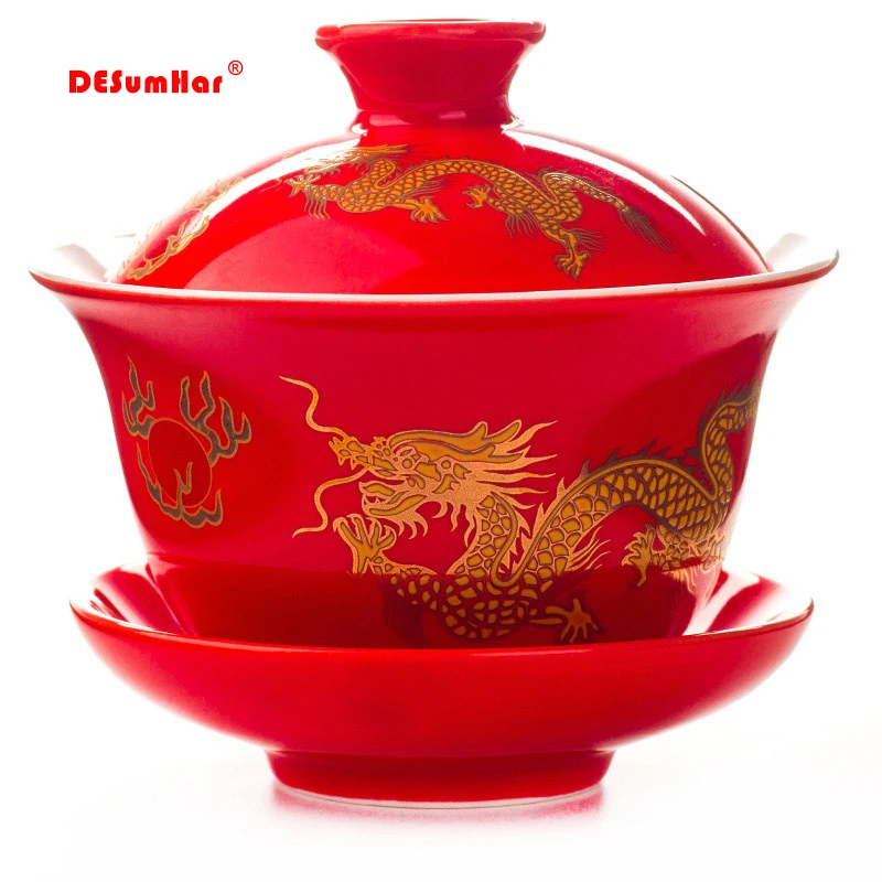 Чайный сервиз Gaiwan, ручная роспись, красный дракон, чайный сервиз, чайная чашка кунг-фу, ручная роспись, чайный набор, чайный сервиз gai wan, фарфоровая чашка