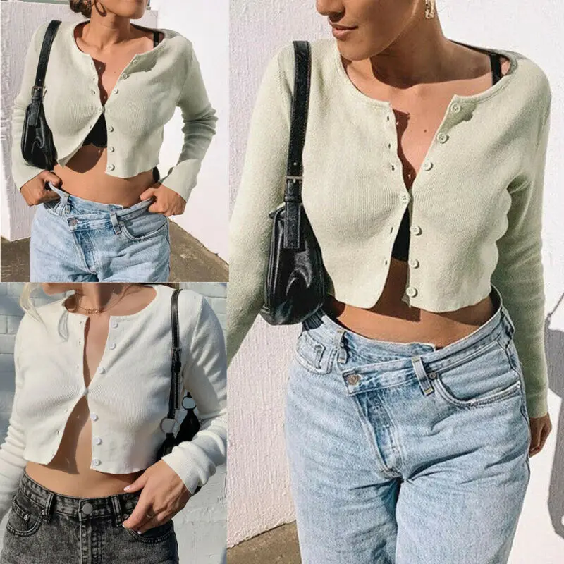 

Women's Sexy V-Neck Button Shrug Long Sleeve Crop Tops Knit Blouse Cardigan S-L