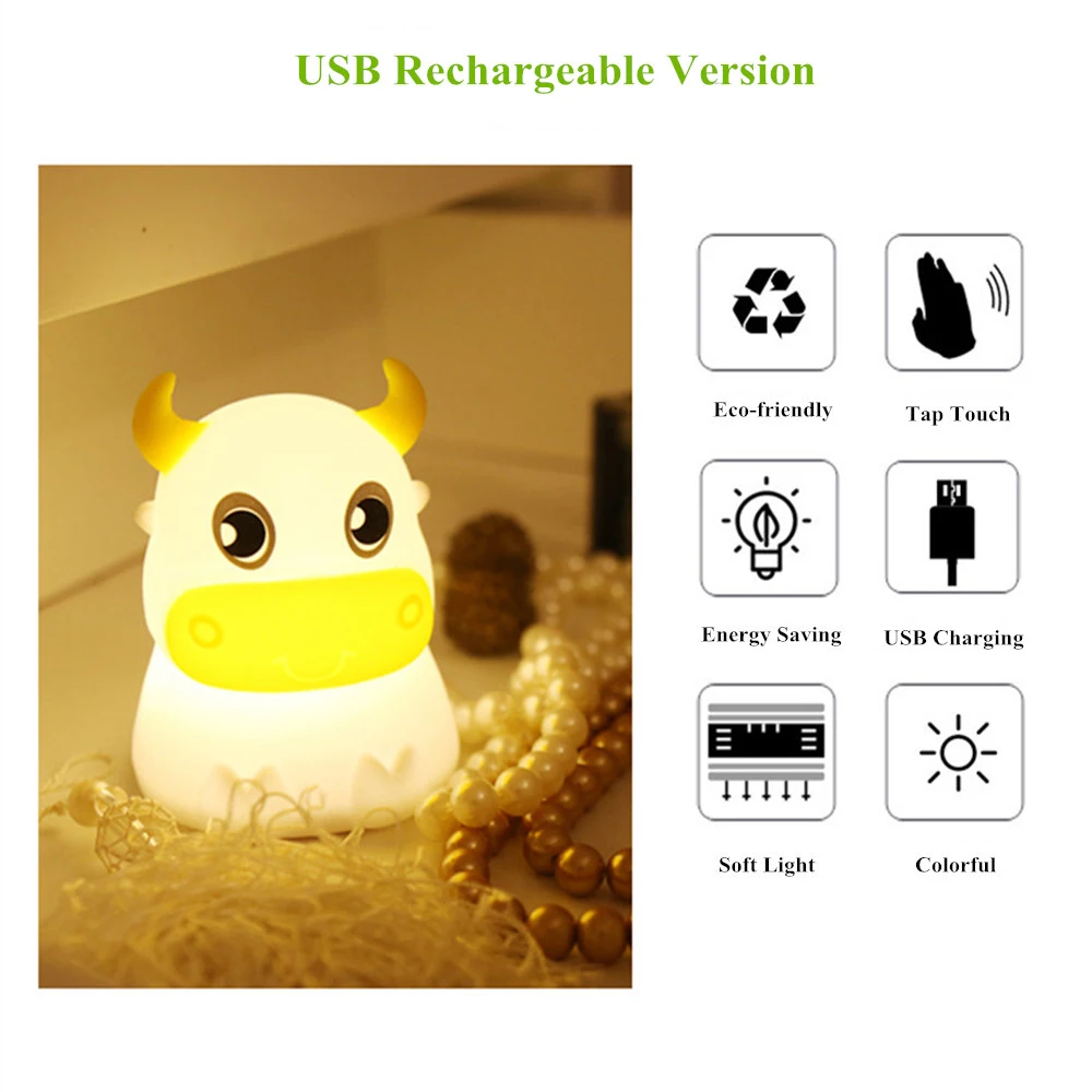 Cow LED Night Light Touch Sensor Colorful Silicone Cattle Bull Lamp USB Rechargeable Bedroom Bedside for Children Baby Gift | Лампы и