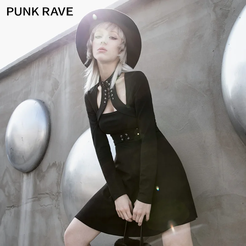 

PUNK RAVE Girl's Dark Punk Rivet High Waist Long Sleeve Dress Casual Stand Collar A-Line Hollow Sexy Slim Women Dress