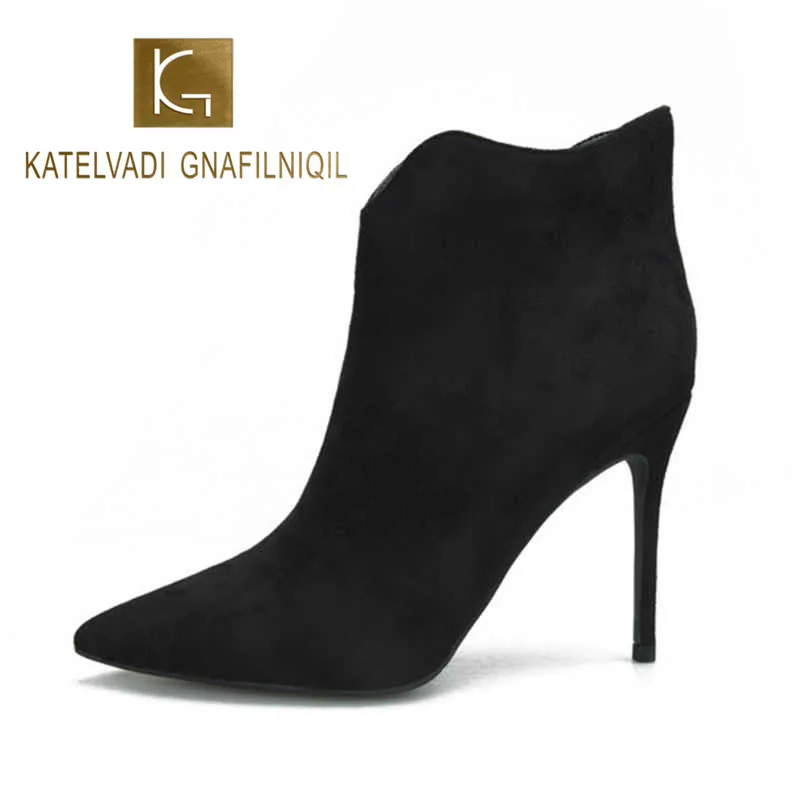 KATELVADI/ботильоны из флока черного цвета с волнистыми боками Пикантные женские