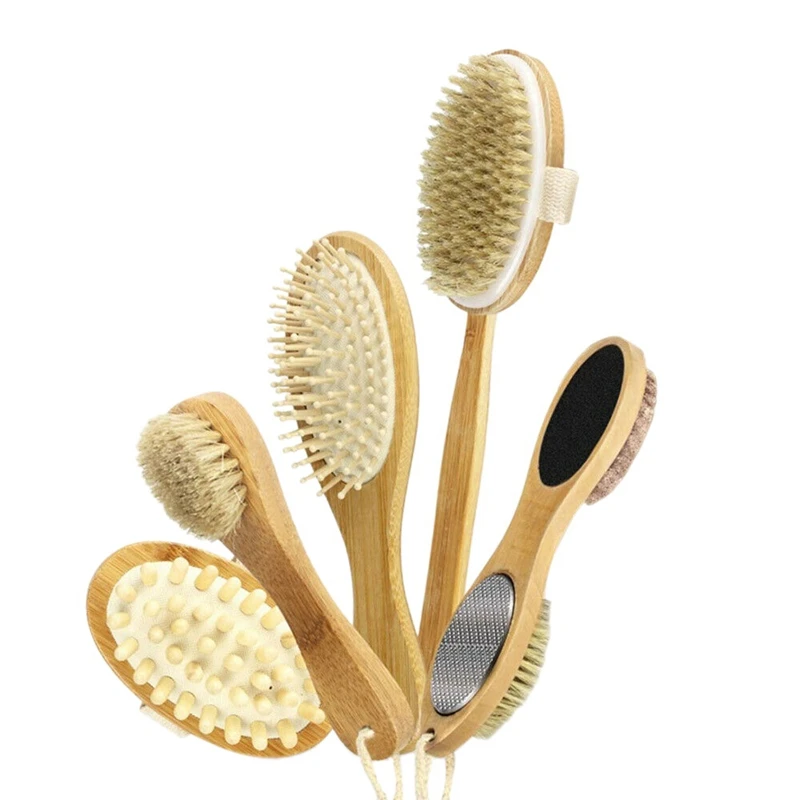 

5Pc/Lot Bristle Bath Brush Set Exfoliating Promote Blood Circulation Massage Brush Wooden Body Dry Brush