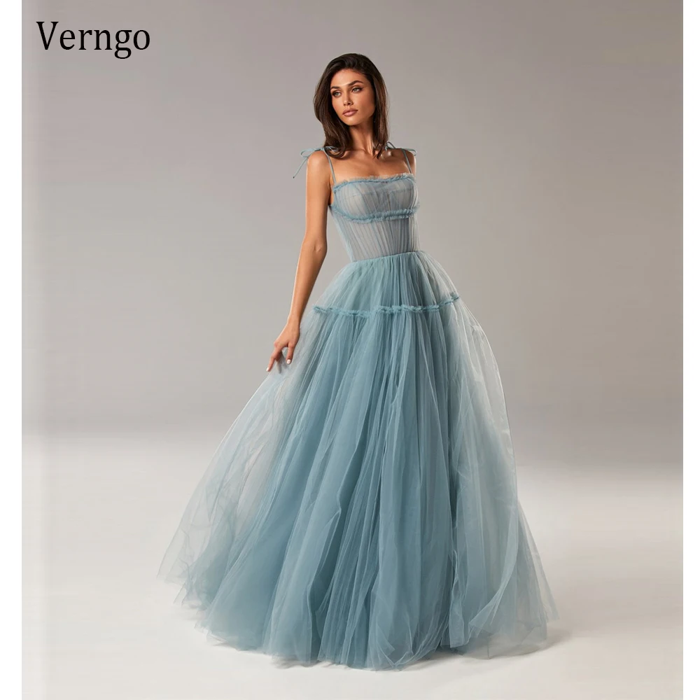 

Verngo 2021 Dusty Blue Tulle A Line Long Evening Dresses Spaghetti Straps Tied Bow Shoulder Floor Length Prom Gown Maxi Dress