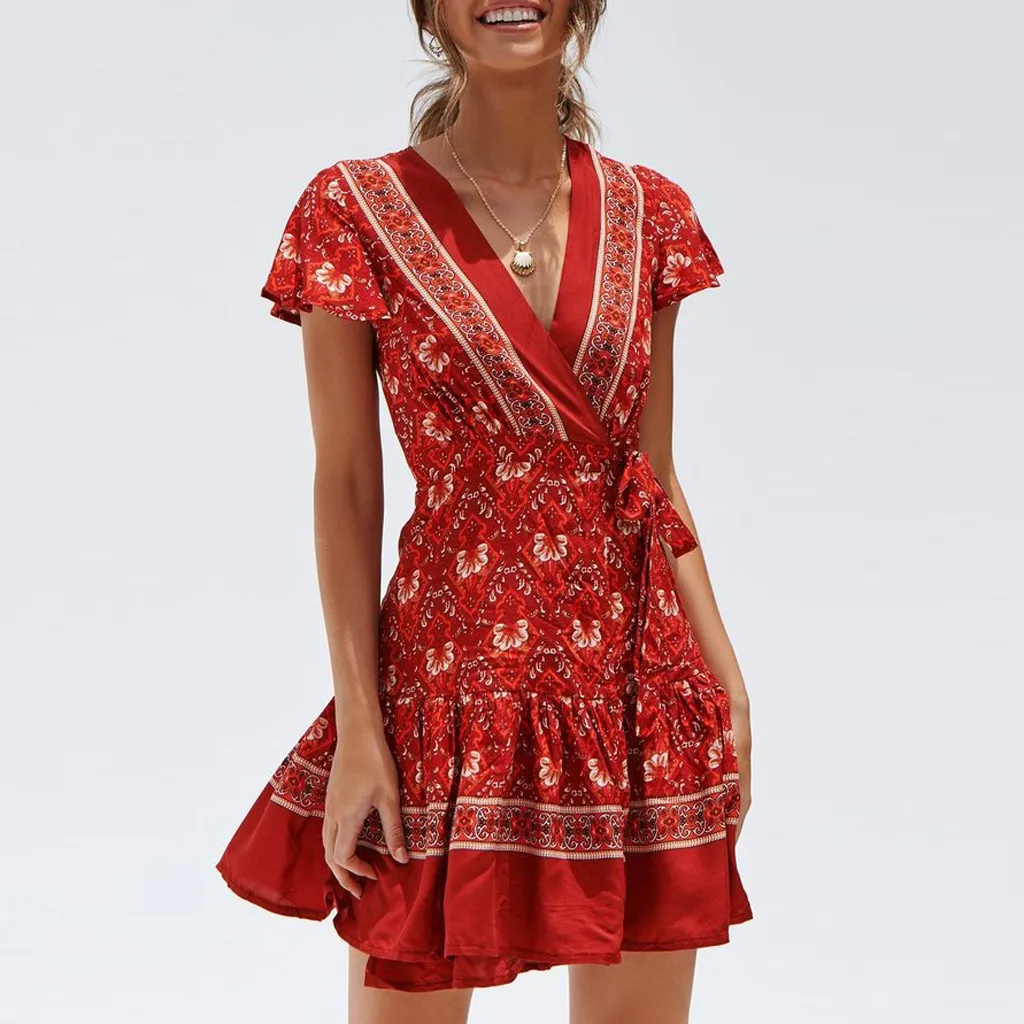 

Women Vintage Short Sleeve Ruffle Party Dress V Neck Wrap Boho Floral Mini Dresses Female Summer Holiday Sundress