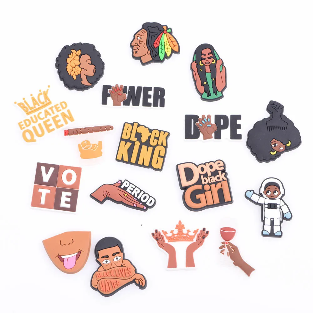 Single Sale Soft PVC Shoe Charms Croc JIBZ Decoration Black Girl Magic Accessories Clog Shoe Charm for Kids Gift