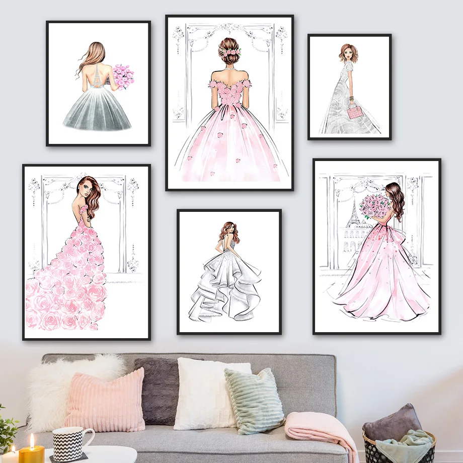 

Fashion Girl Rose Flower Skirt Minimalism Wall Art Canvas Painting Nordic Posters And Prints Wall Pictures For Living Room Decor