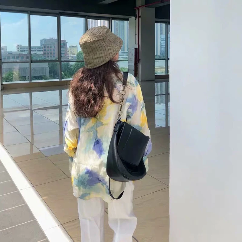 

2020 New Fashion Women Ink stain printing chiffon shirt Blouses Turn-down Collar Long Sleeve Shirt Casual Loose Tops