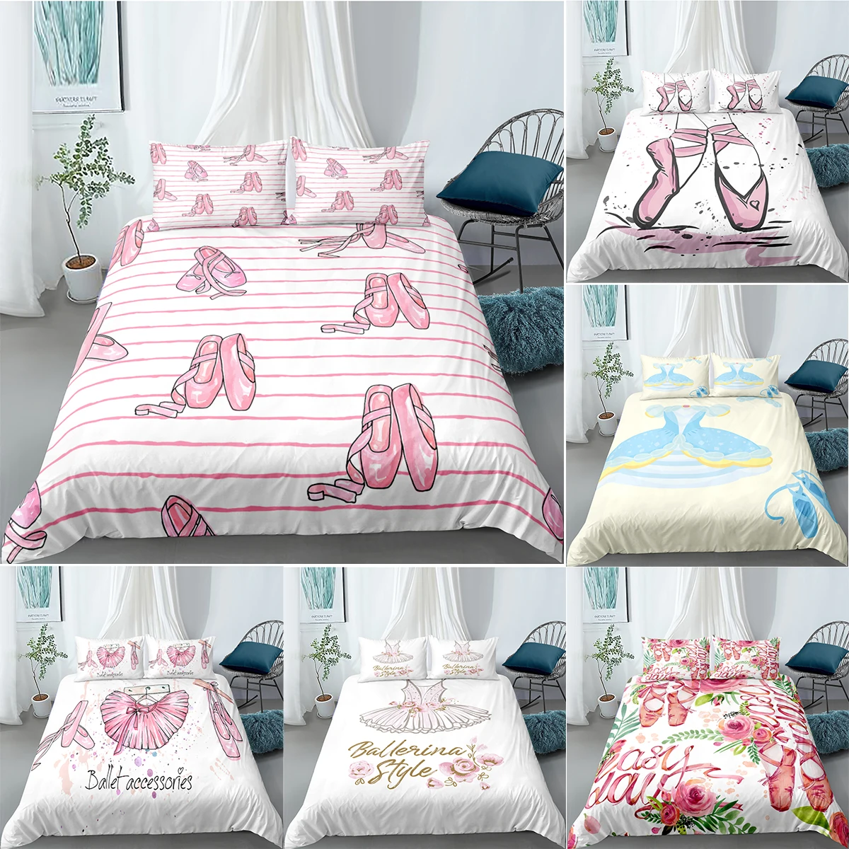 

Pink Ballet Accessory Shoes Dress Bedding Set Duvet Cover White Home Textile Bedclothes For Kids 135x200 King Single Twin Size