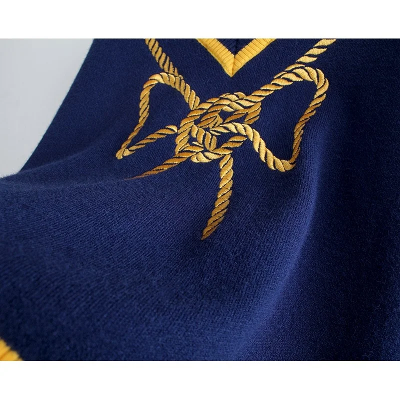 

Vintage Blue Pullovers Women Autumn Bow Embroidery V-neck Sweaters Korean French Style Girls White Black pull femme Dropshipping