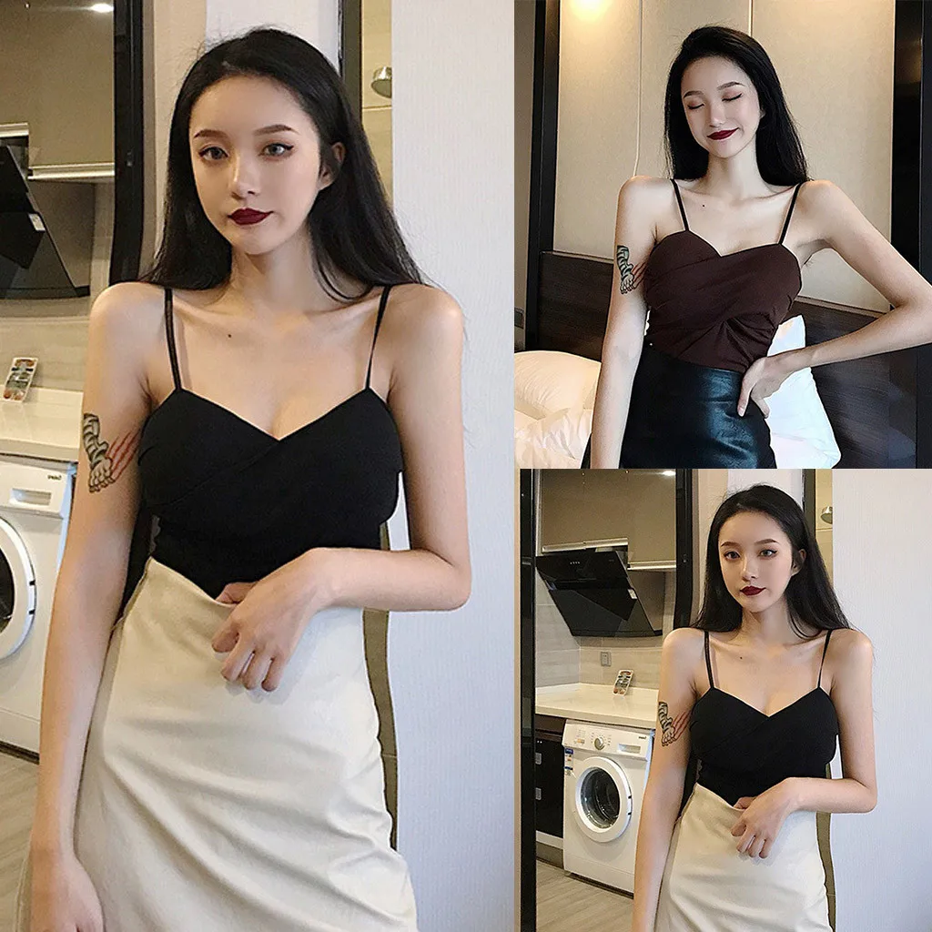 Solid Color Women Sleeveless Cool Camisole Fashion Girl Sexy With Chest Pad Skinny Cotton Office Casual Bottoming Tops | Женская одежда