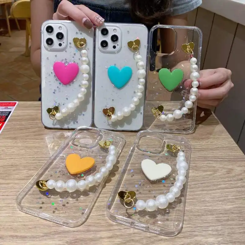 

Glitter Heart Sequins Clear TPU Pearl Chain 3D Heart Phone Case Cover For Apple iPhone 13 11 12 Pro Max XR XS Max 7 8 Plus Skin
