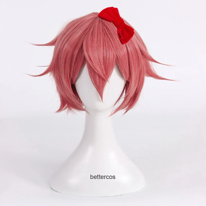 Doki Doki Literature Club Sayori Cosplay Wig Short Pink Red Heat Resistant Synthetic Hair Wig + Wig Cap+ Bow Hairpin