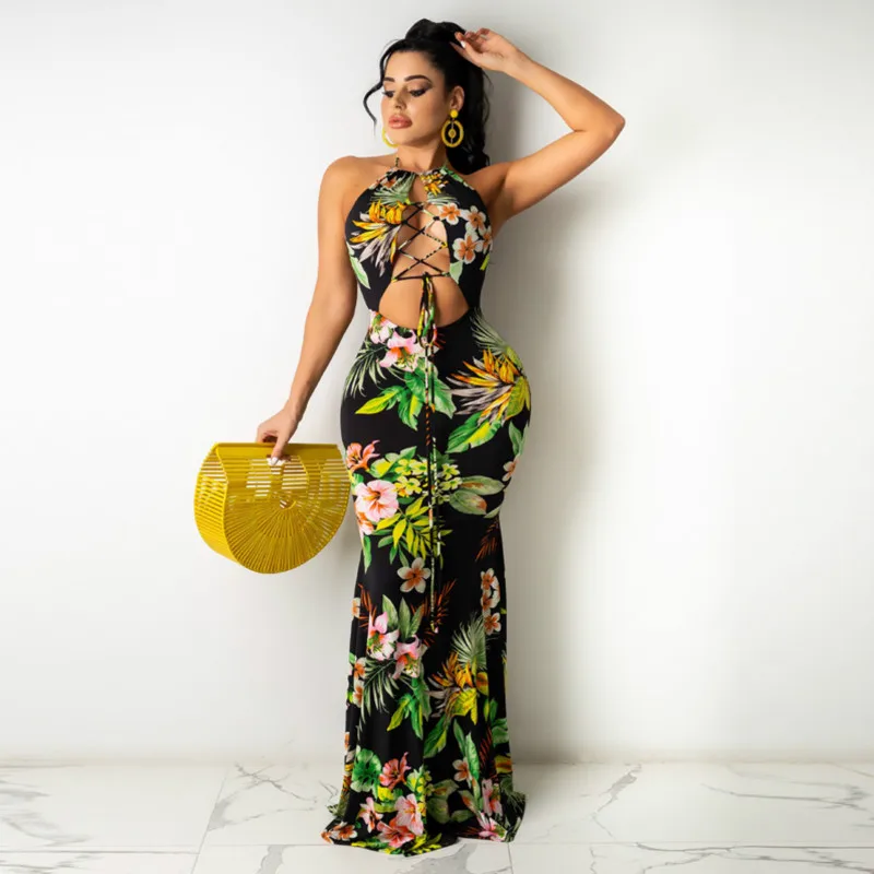 

Women's Night Dress Sexy Backless robes Suspender Bow Ladies Slim Hollow Out Flower Pattern Fashion Pencil Dresses Summer 2021