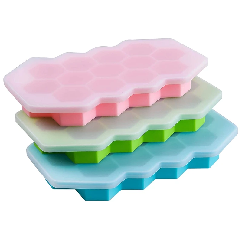 

3 Pack Ice Square Trays With Sealed Lids,Silicone Molds,Reusable Hexagonal 39-Ice Trays,For Whiskey,Cocktail,Food