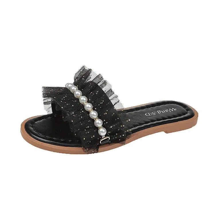 

Female Shoes Slippers Women Summer Low Lace Luxury Slides String Bead 2021 Designer Flat Hoof Heels Fabric PU Rubber Fashion Bas