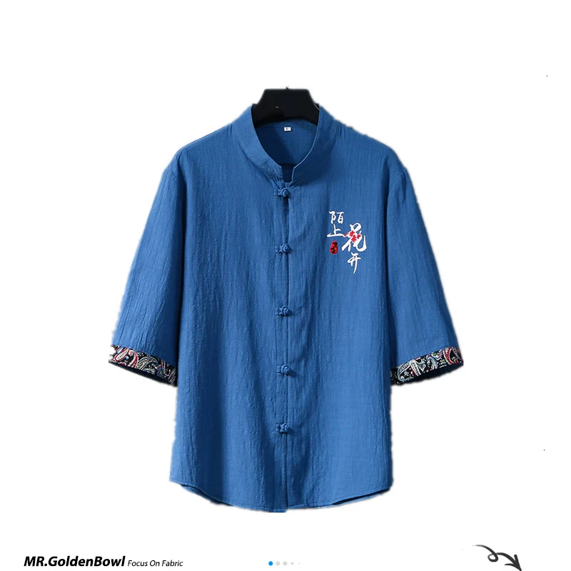 

MrGoldenBowl Store Men Embroidery Loose Cotton Linen Shirts 2020 Mens Buckle Breathable Shirt Chinese Style Summer Male Clothing