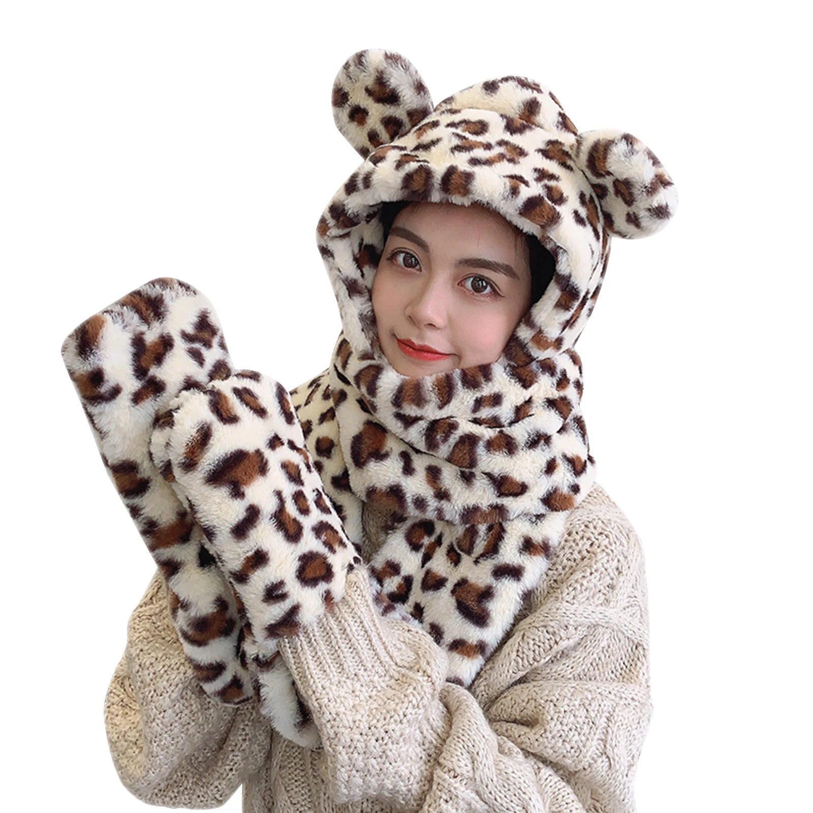 

Женский шарф для взрослых, шейный платок в полоску с леопардовым принтом тигра с шапкой и перчатками для осени и зимы