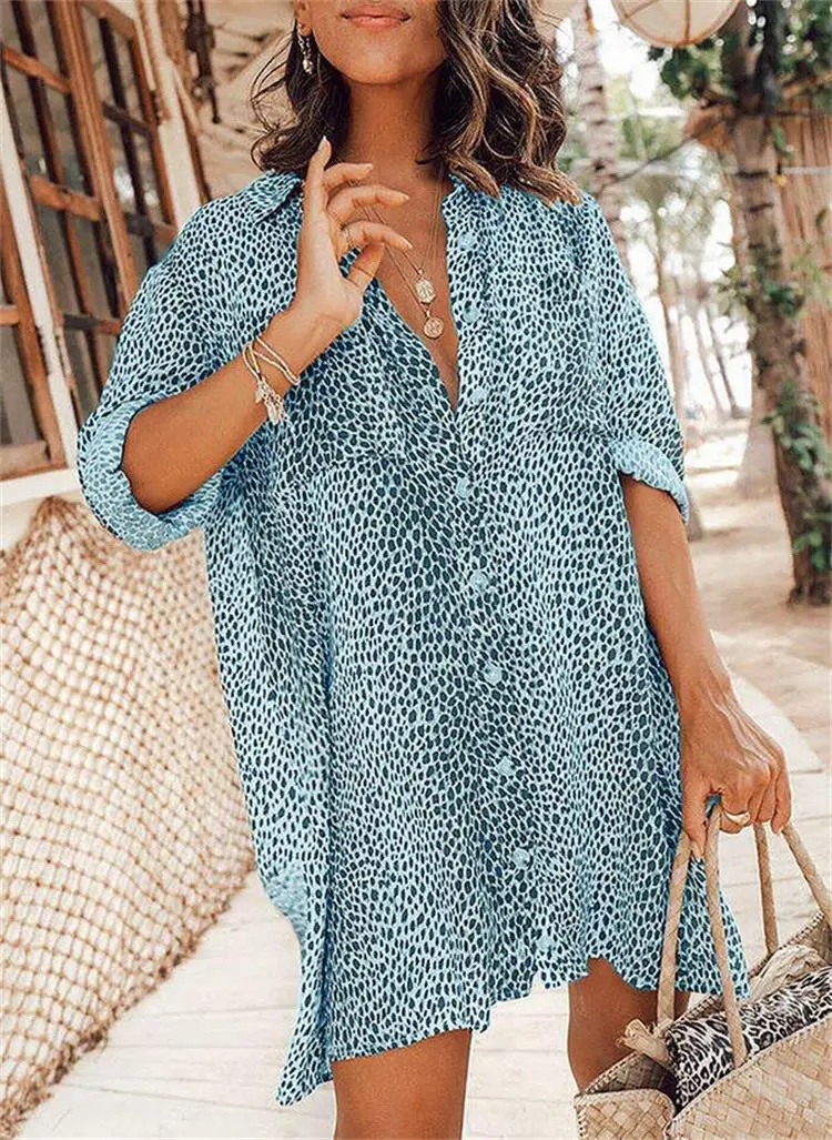 

Summer Euro-American New Fashion Ladies Dress Leopard Print Long-sleeved Mini Skirt Shirt Plus Size Dress