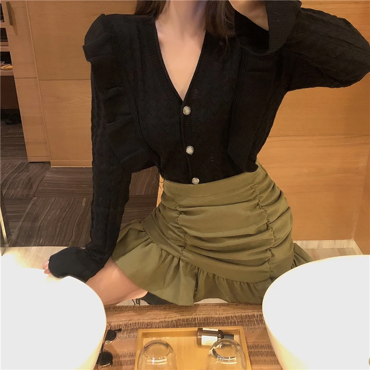 chic sweet v-neck tops long sleeve ruffles cardigans Sweaters Women's Clothing fashion brand Simple knitted spring fall winter |