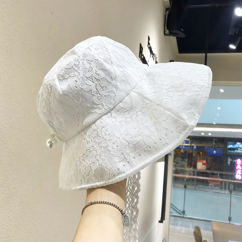Lace Black White Cute Hats For Women Summer Floral Beach Cap Holiday Sun Visor Wide Brim Floppy Hat Girl Lolita Hat Straw Hats