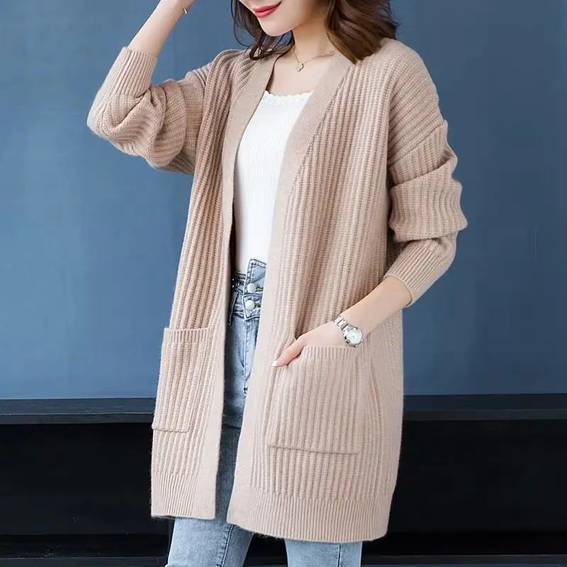 

Knit Women Cardigan Spring New Solid Long Sleeve Sweater Female Jacket Medium-long Casual 2021 Loose Knitwear Coats Sueter Mujer