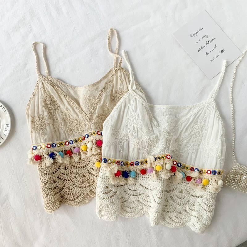 MUMUZI богемный Национальный Ветер полые Топы вязать Радуга кисточкой цвет camisole