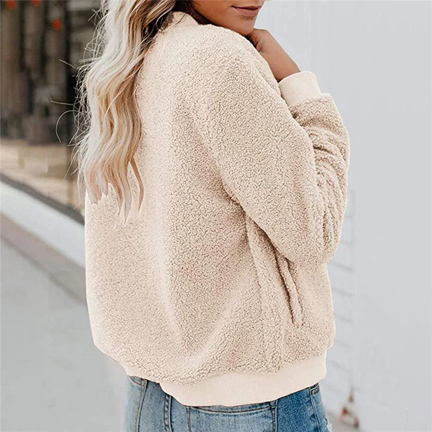 

Solid Women Jacket Fashion Plush Zipper Coats Autumn Winter Warm Soft Overcoat Female Pocket Casual Top 2021 New Hot Jackets