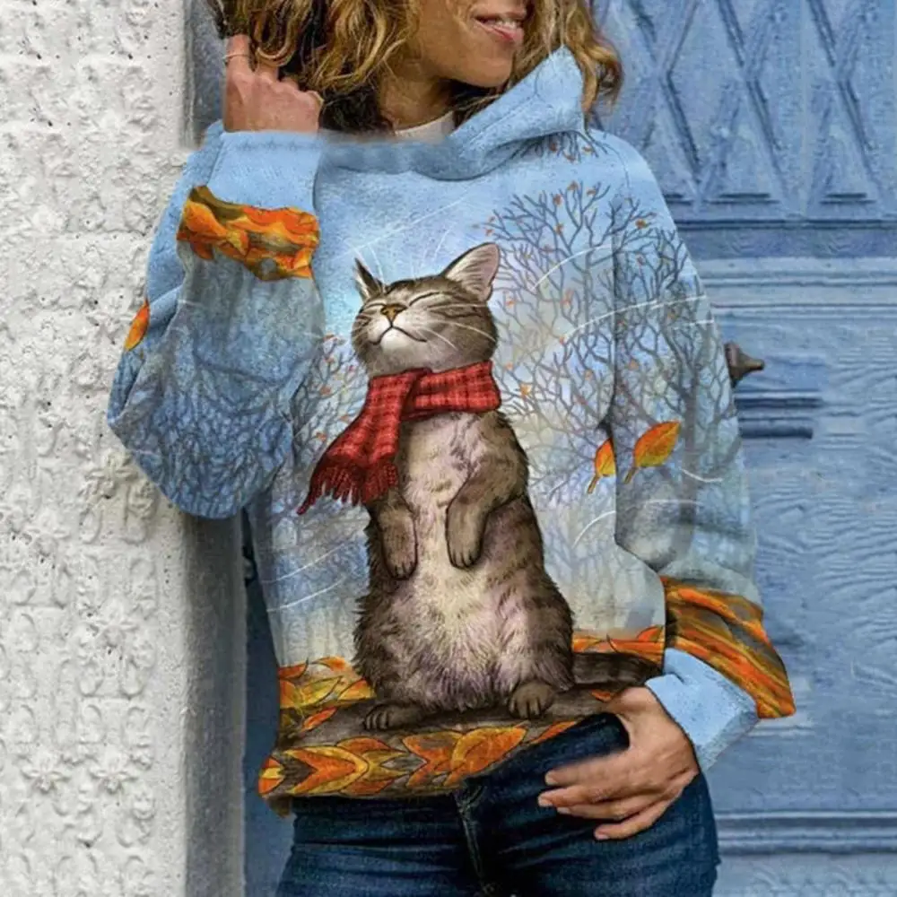 

Wholesales Women Leaves Cats Printed Long Sleeve Hooded Sweatshirt Autumn Winter Hoodie