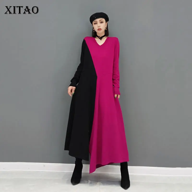 

XITAO Asymmetrical Knitting Dress Fashion Loose Contrast Color Casual Splicing V-neck Simplicity Long Sleeve Women WMD3458